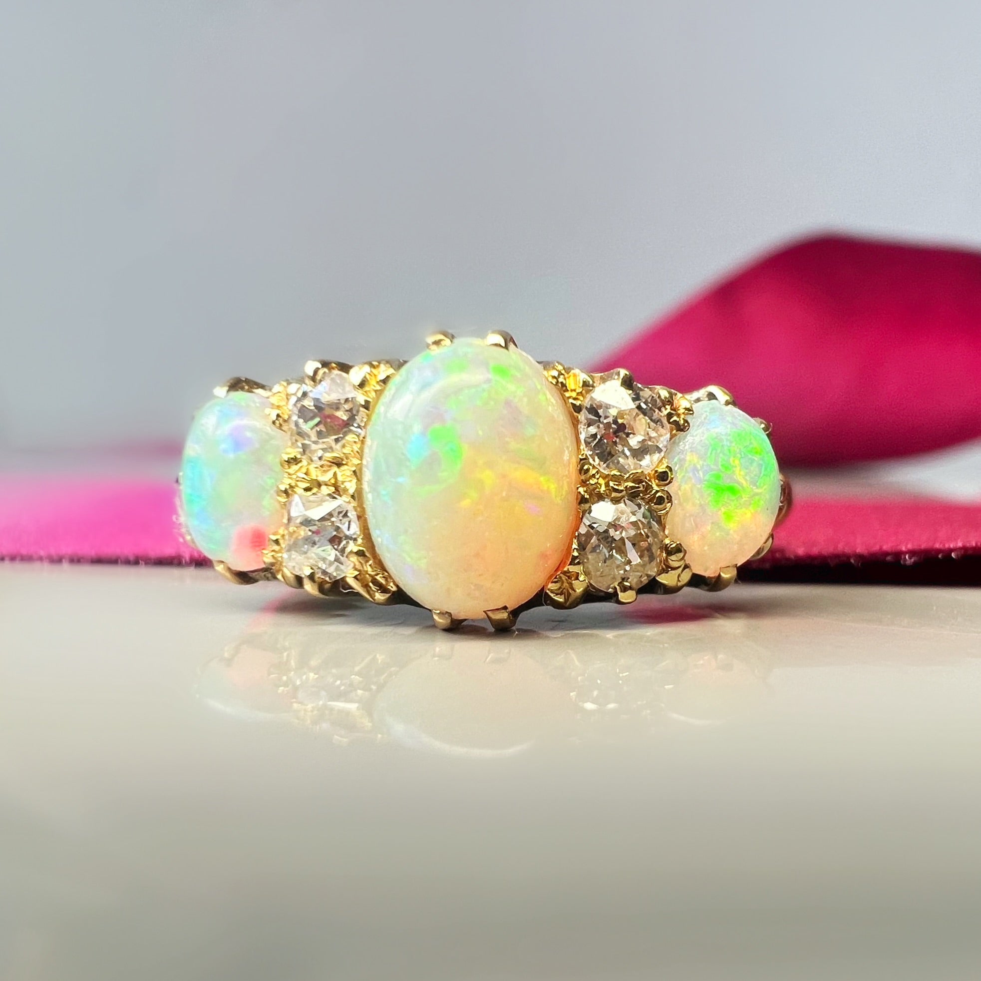 Antique 3 Stone Opal and Diamond Half Hoop Ring