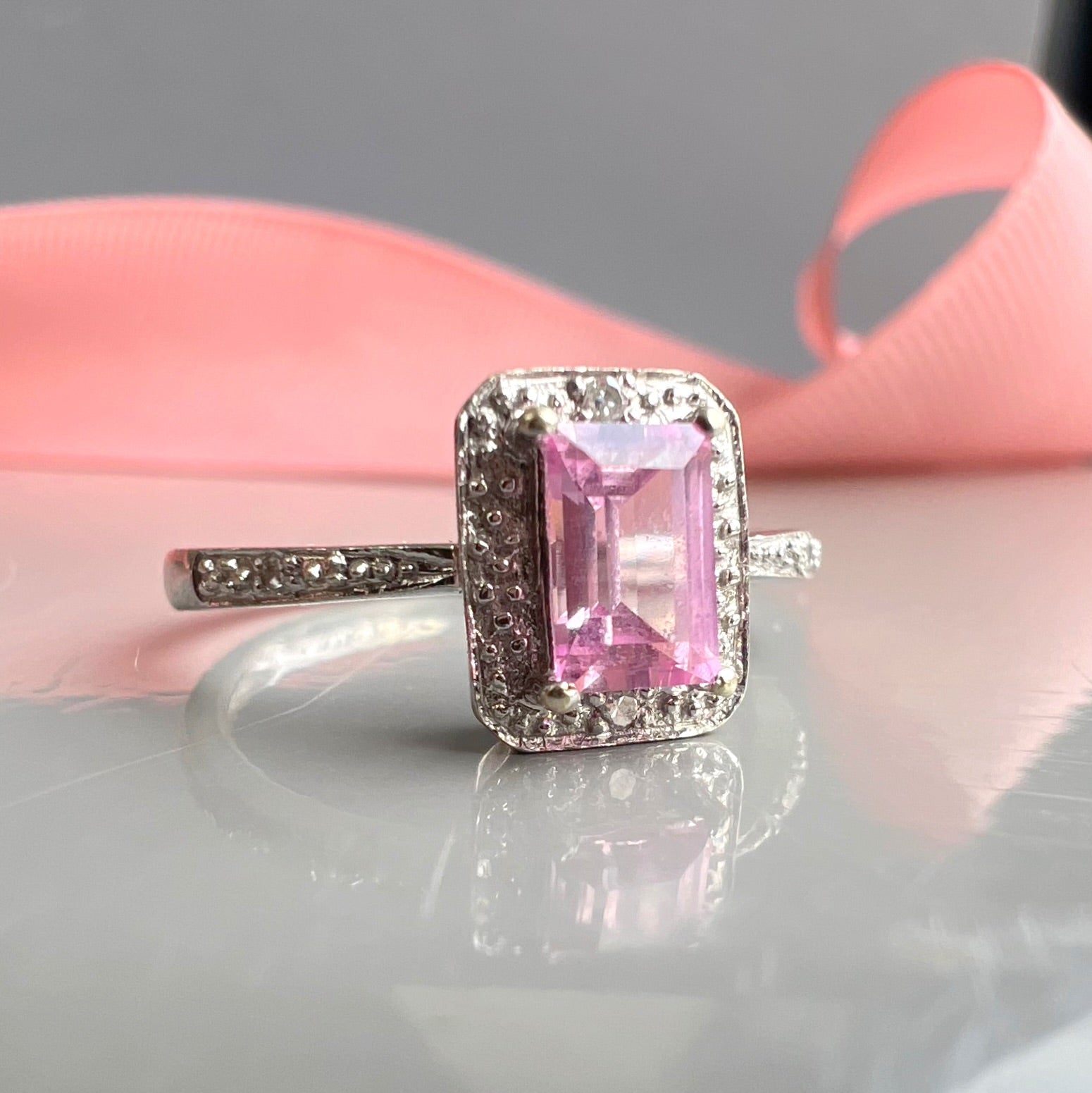 Pink Sapphire Halo Ring in 9ct White Gold
