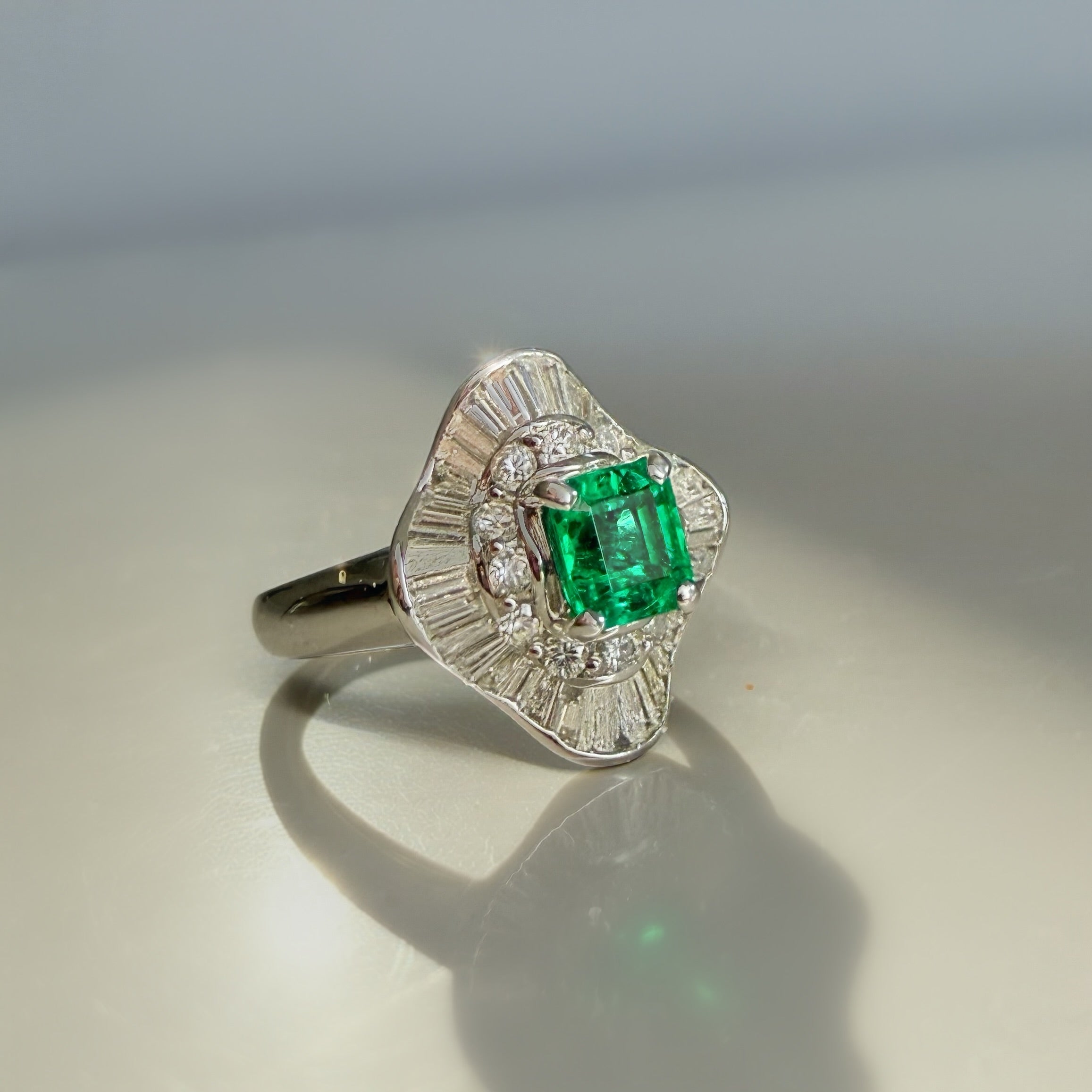 Vintage 0.73 Emerald and 1.09ct Diamond Ballerina Ring