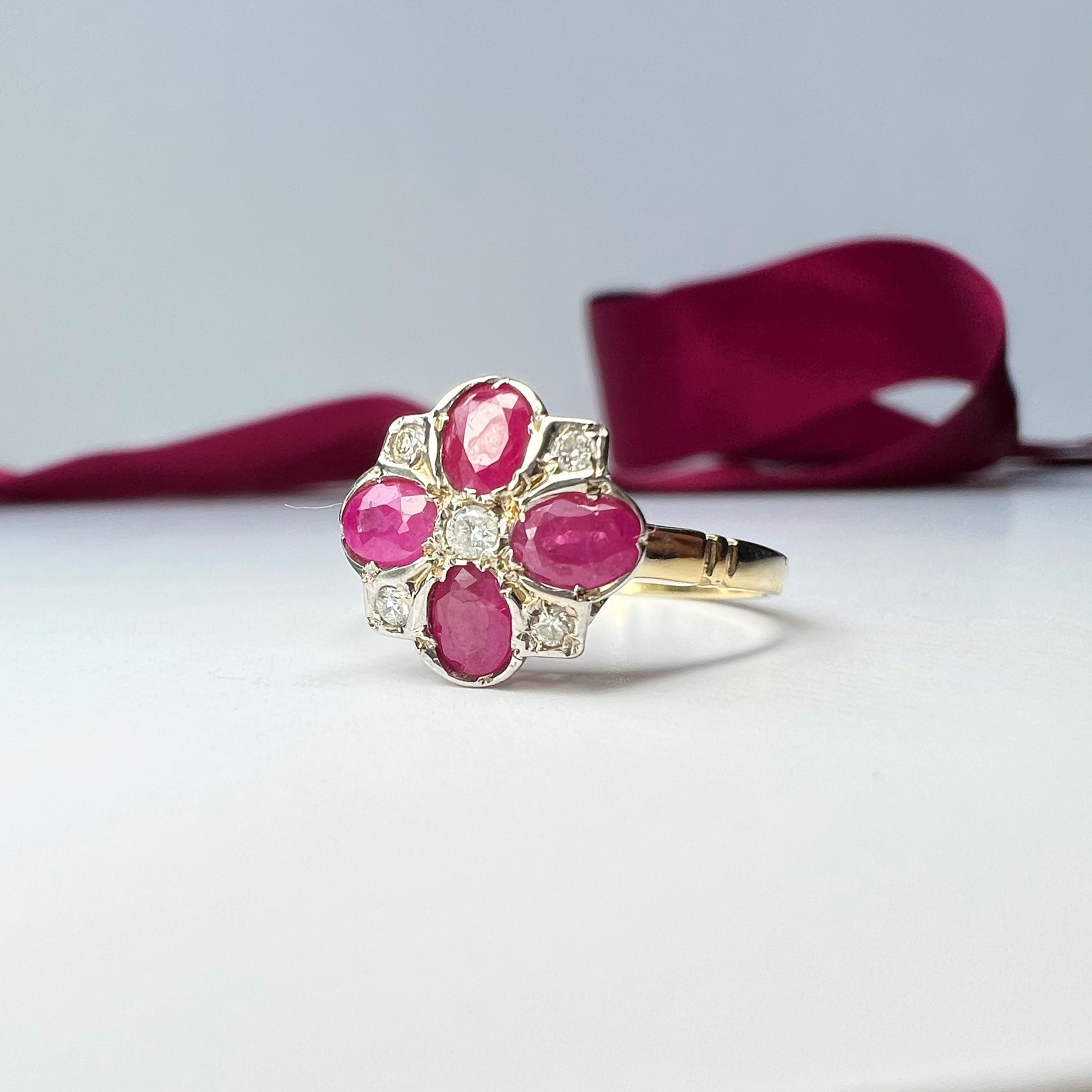 Victorian Style Ruby and Diamond Clover Ring
