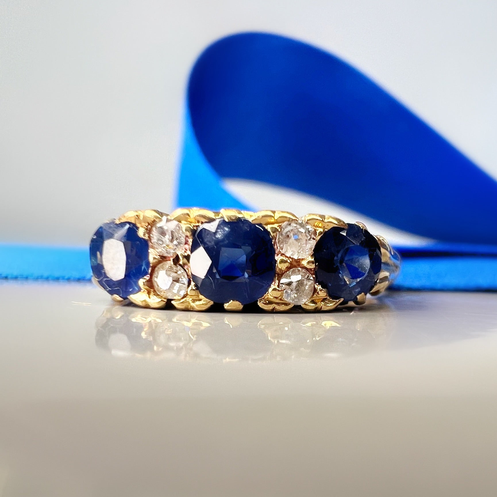 Edwardian Sapphire and Diamond Half Hoop 18ct Gold Carved Ring