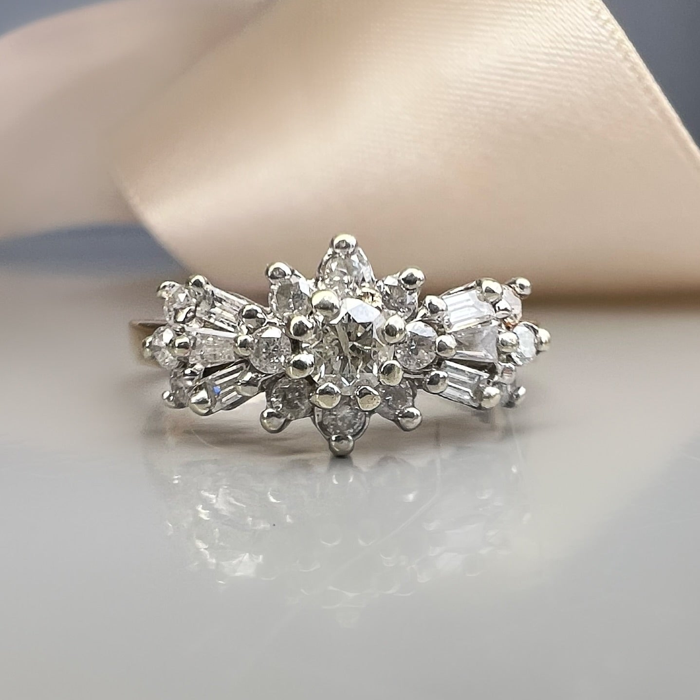 Vintage 0.55ct Diamond Baguette and Round Cut Bow Tie Ring