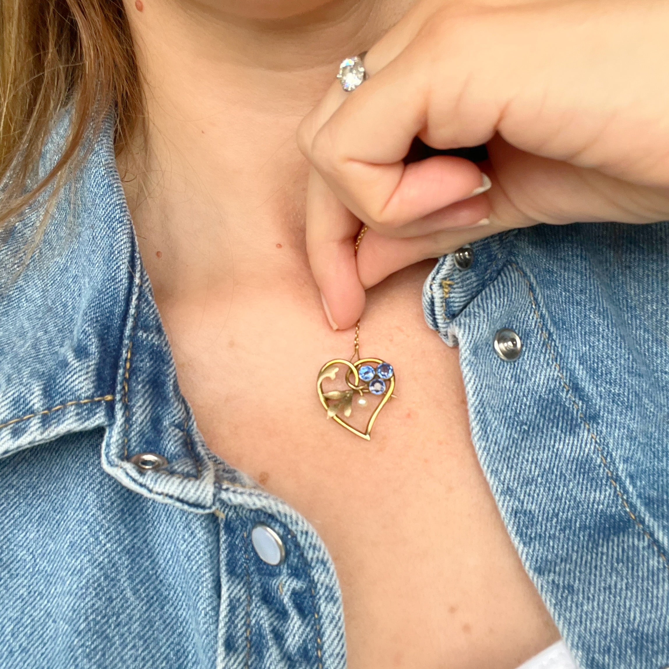 Antique Floral Heart Brooch / Pendant with Sapphires