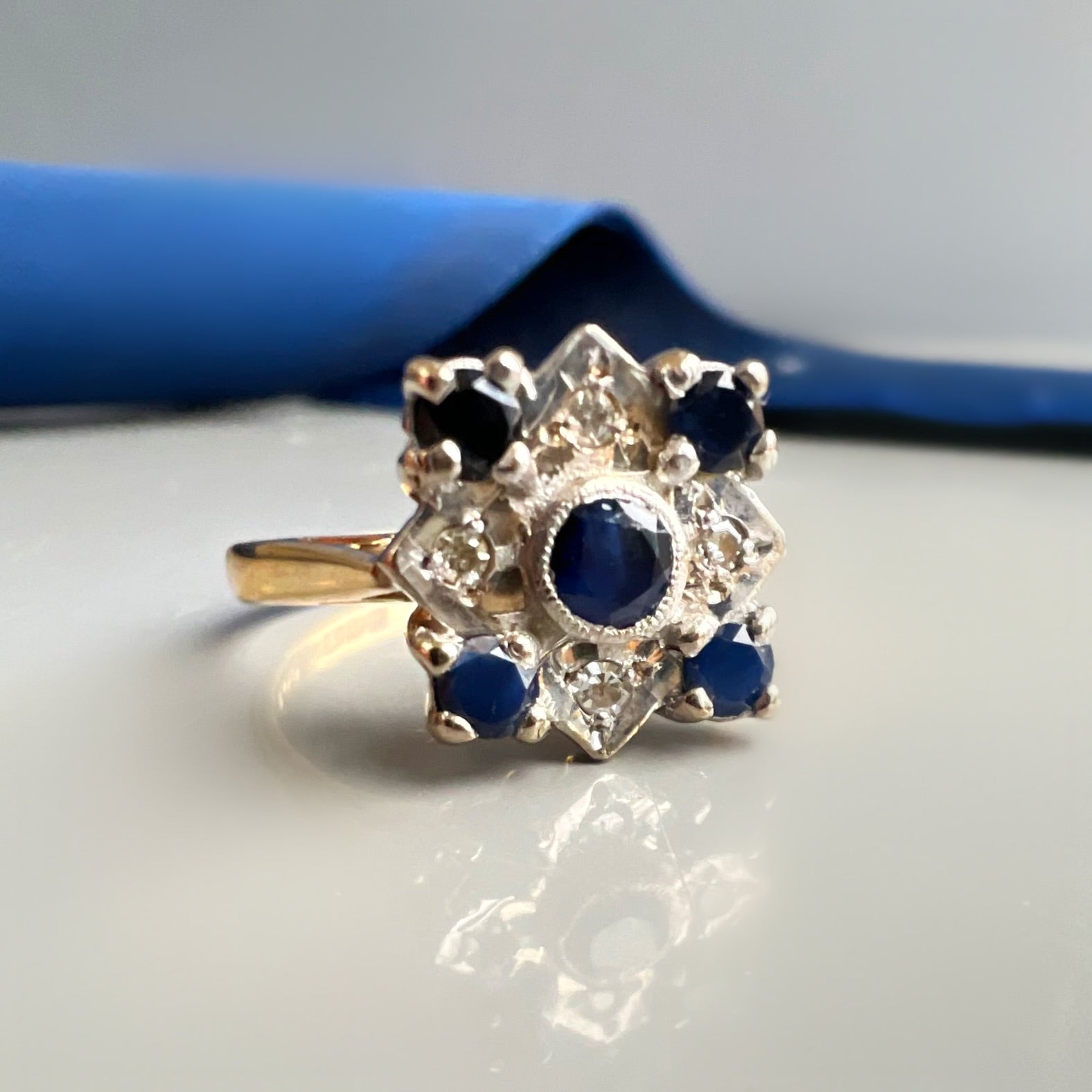 Vintage Sapphire and Diamond Square Shaped Cluster Ring