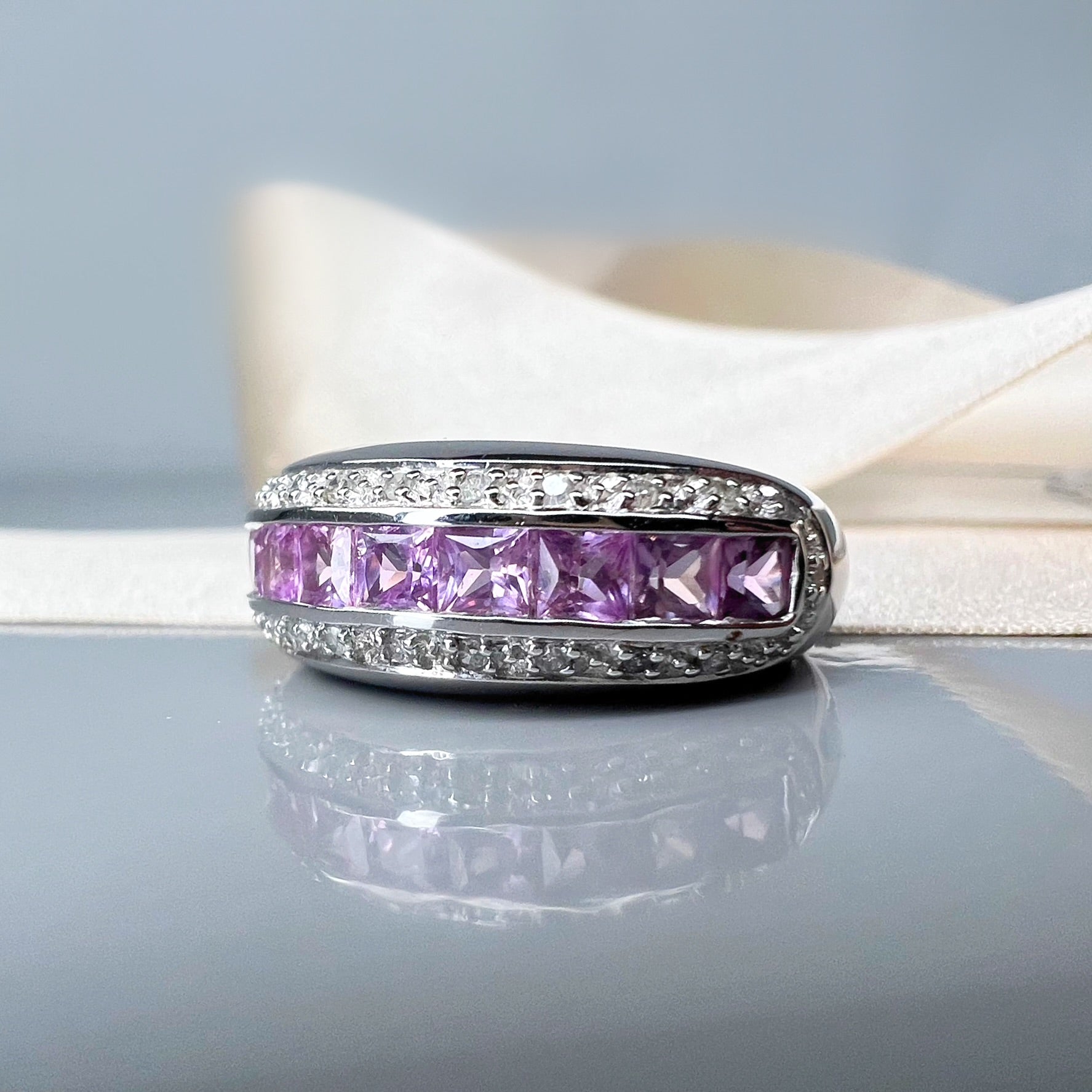 Pink Sapphire and Diamond Domed Band