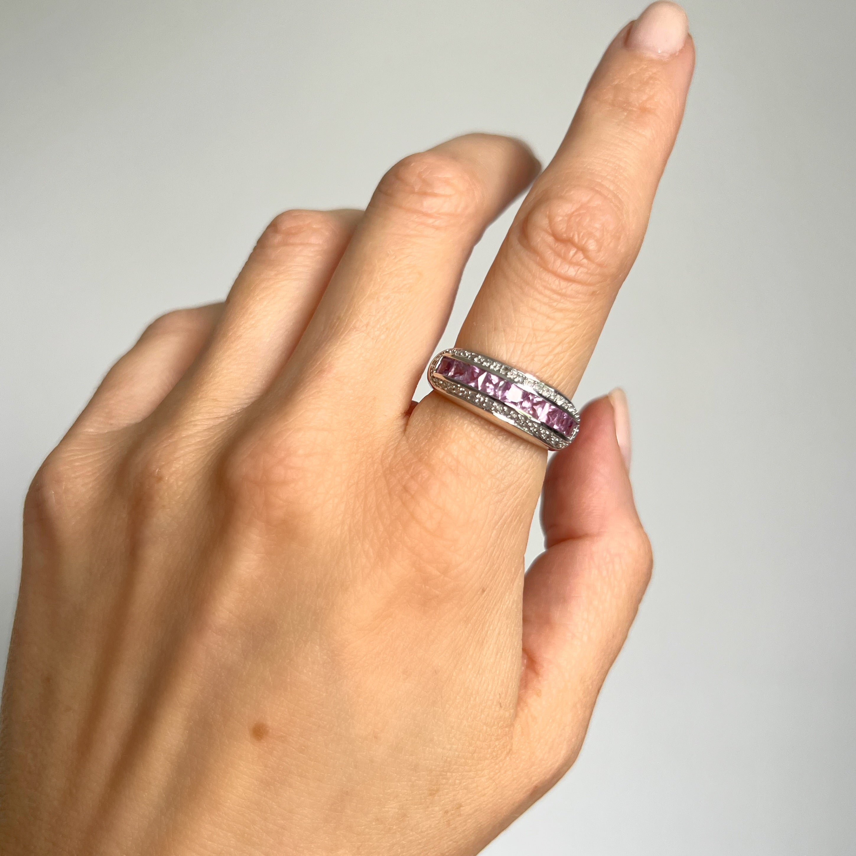 Pink Sapphire and Diamond Domed Band
