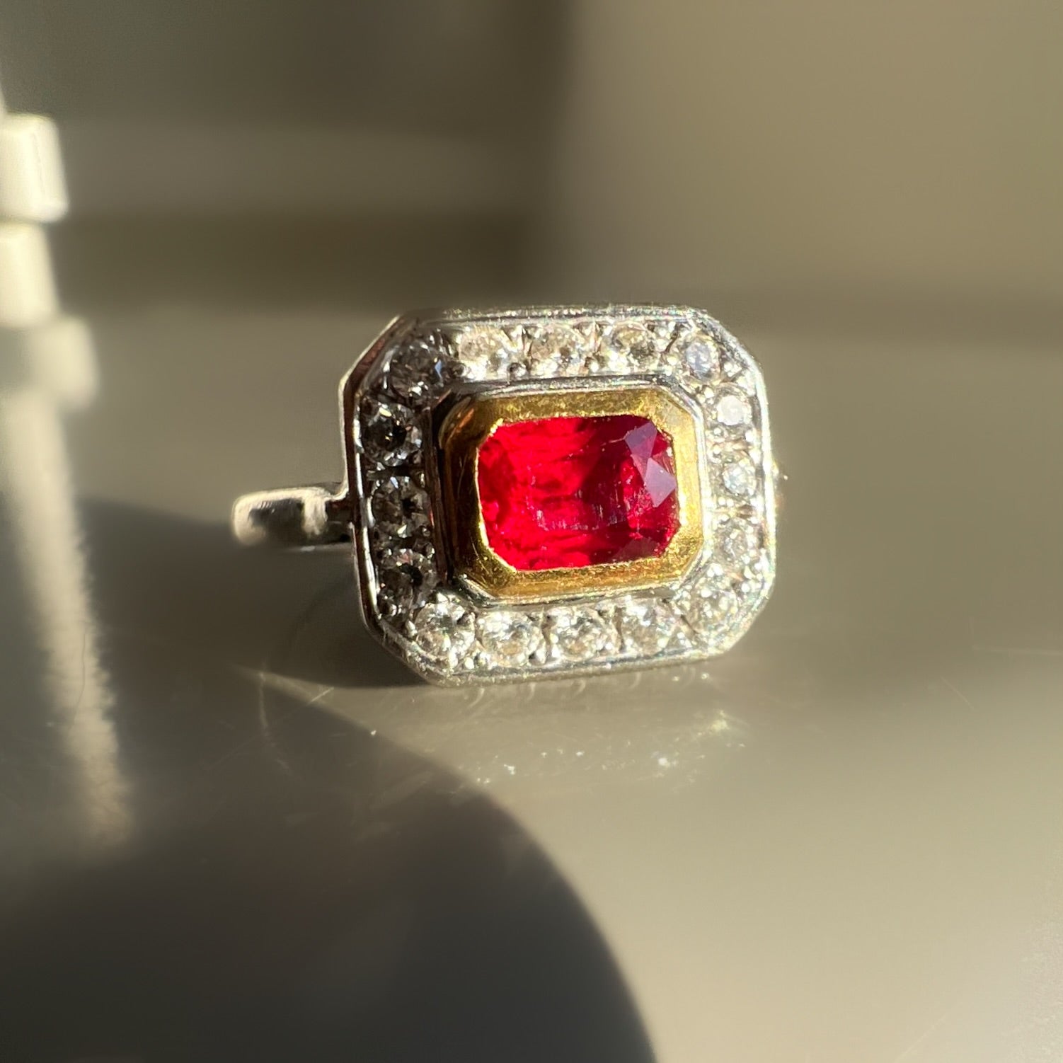 Vintage Ruby and Diamond Geometric Halo Ring in 18ct White Gold