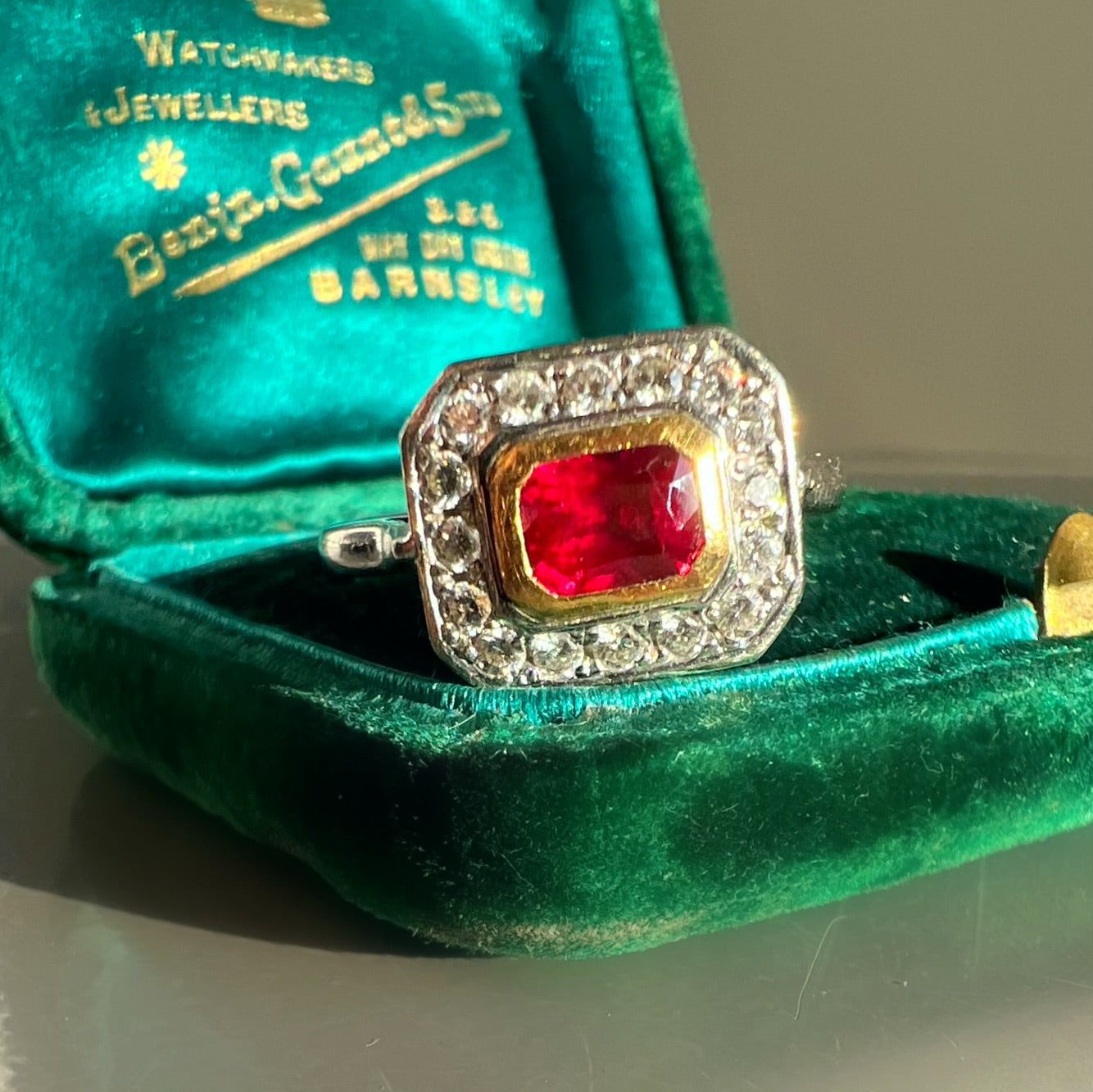 Vintage Ruby and Diamond Geometric Halo Ring in 18ct White Gold