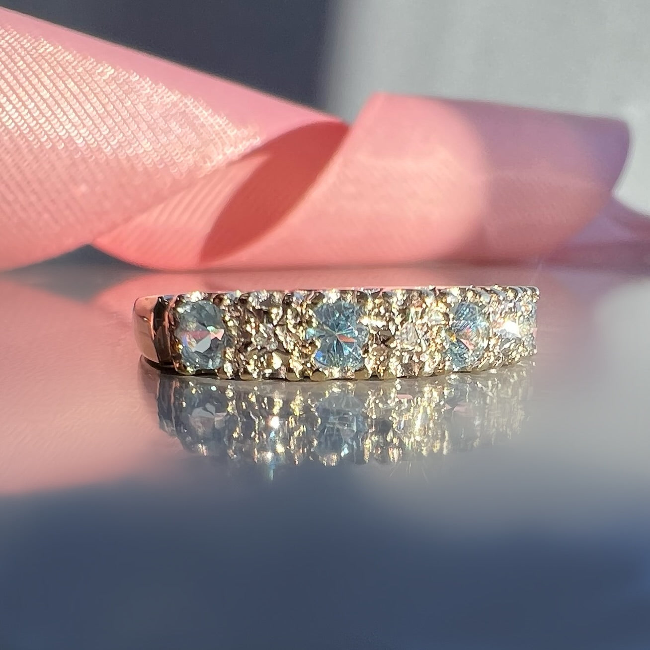 Aquamarine and Diamond 9ct Gold Line Ring