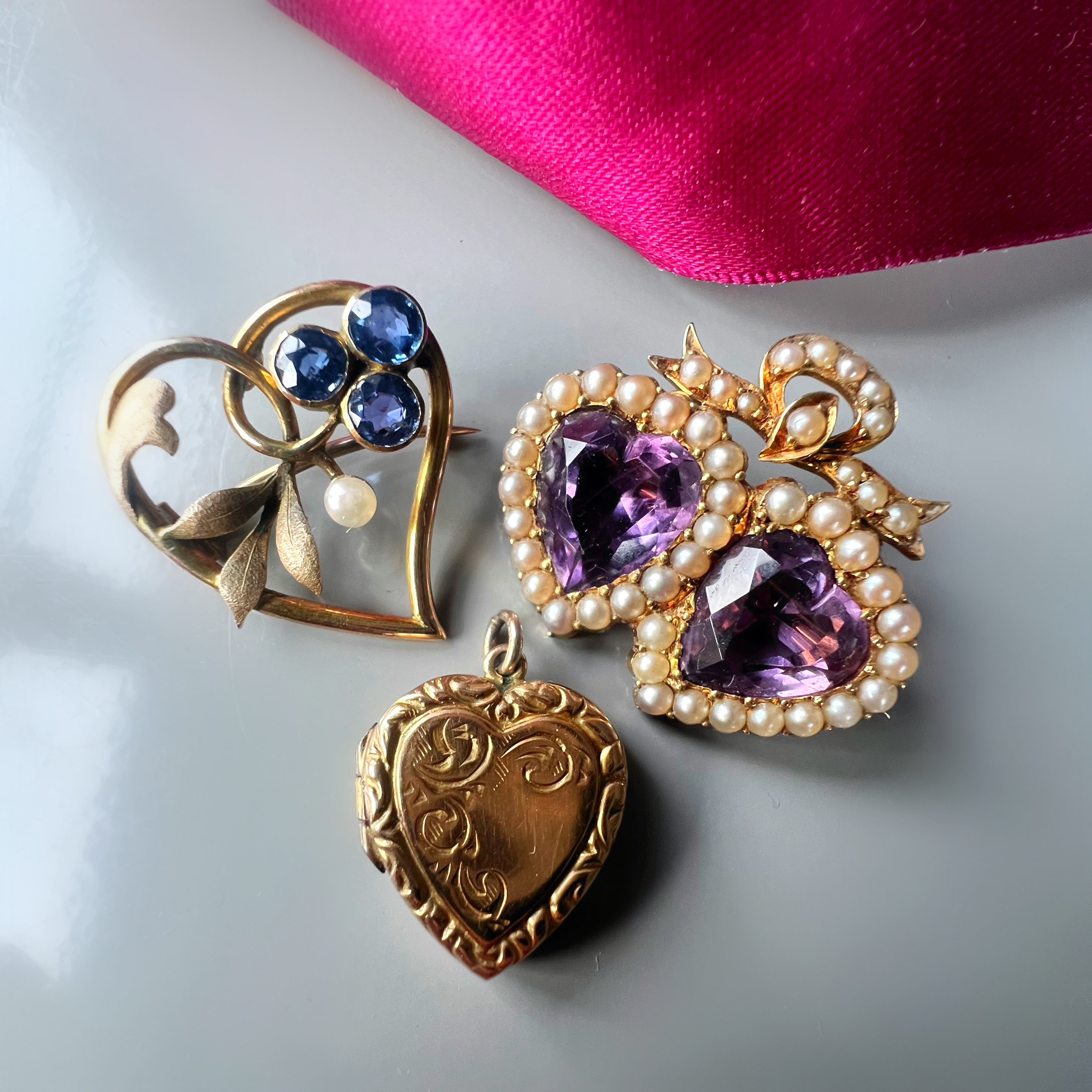 Amethyst and Pearl Heart Brooch