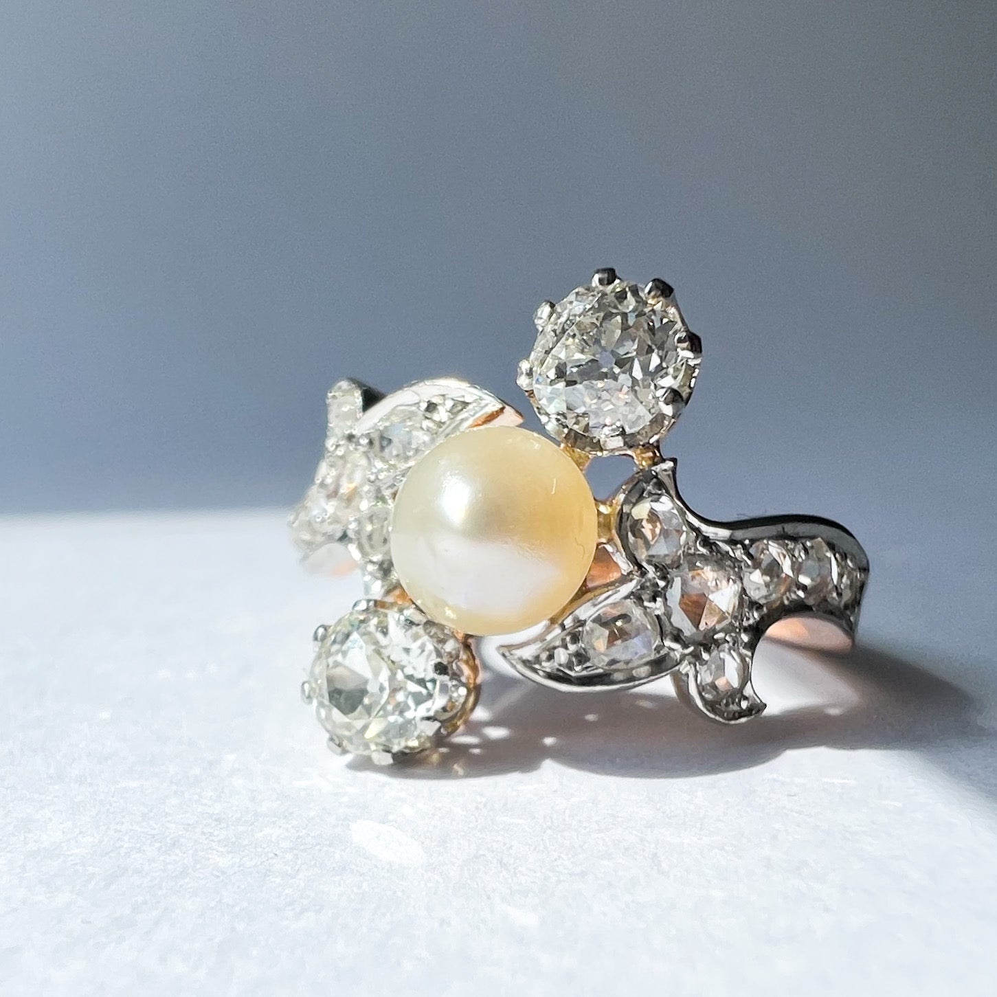 Antique Belle Époque Natural Pearl and Diamond Ring