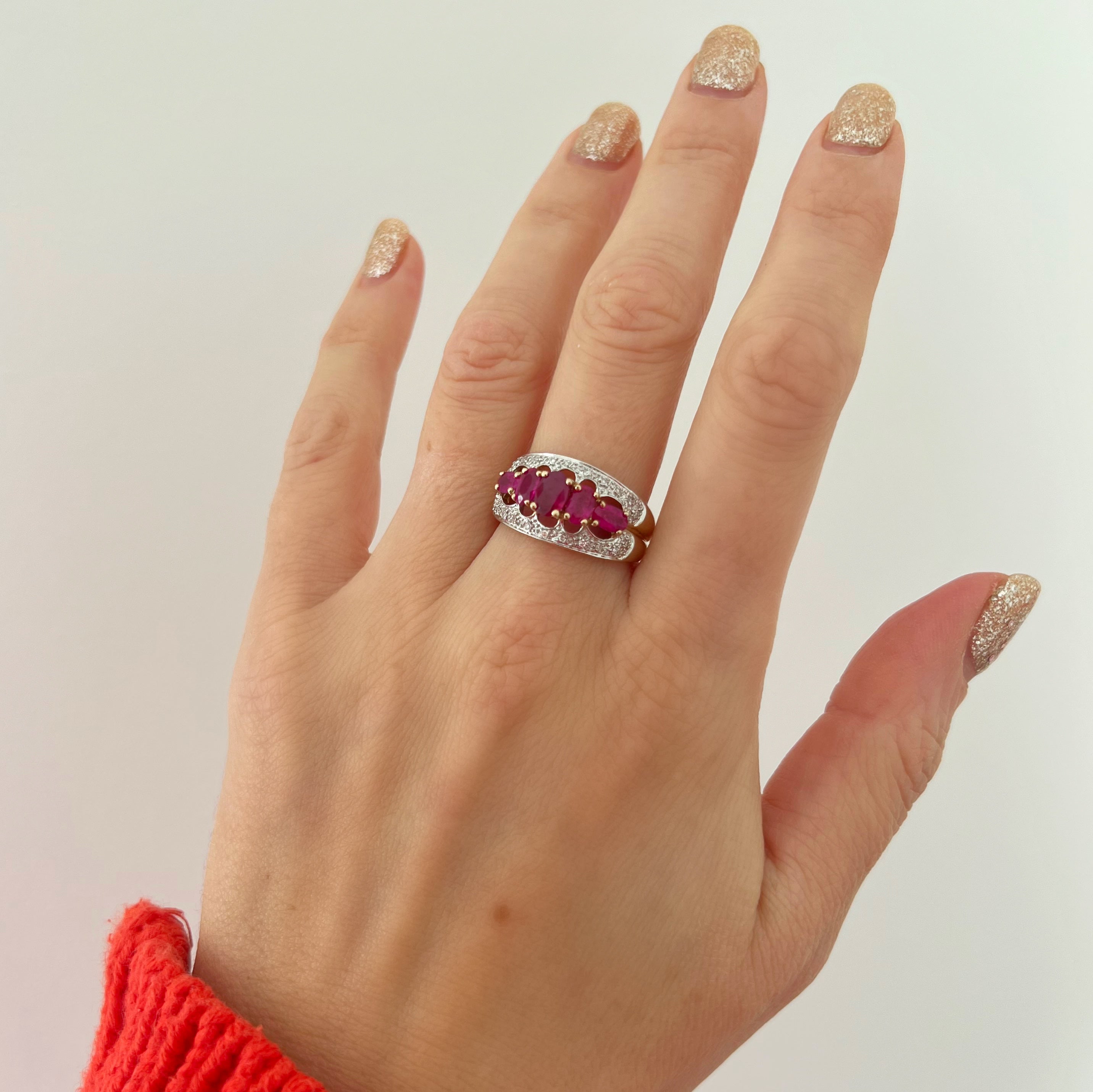 Vintage 5 Stone Ruby and Diamond Ring