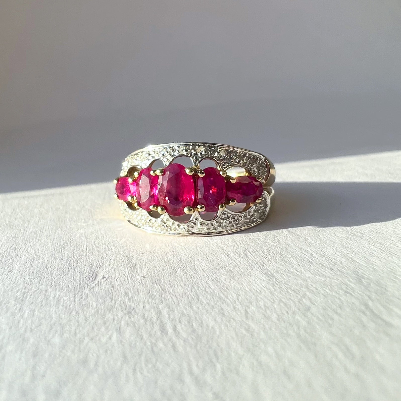 Vintage 5 Stone Ruby and Diamond Ring