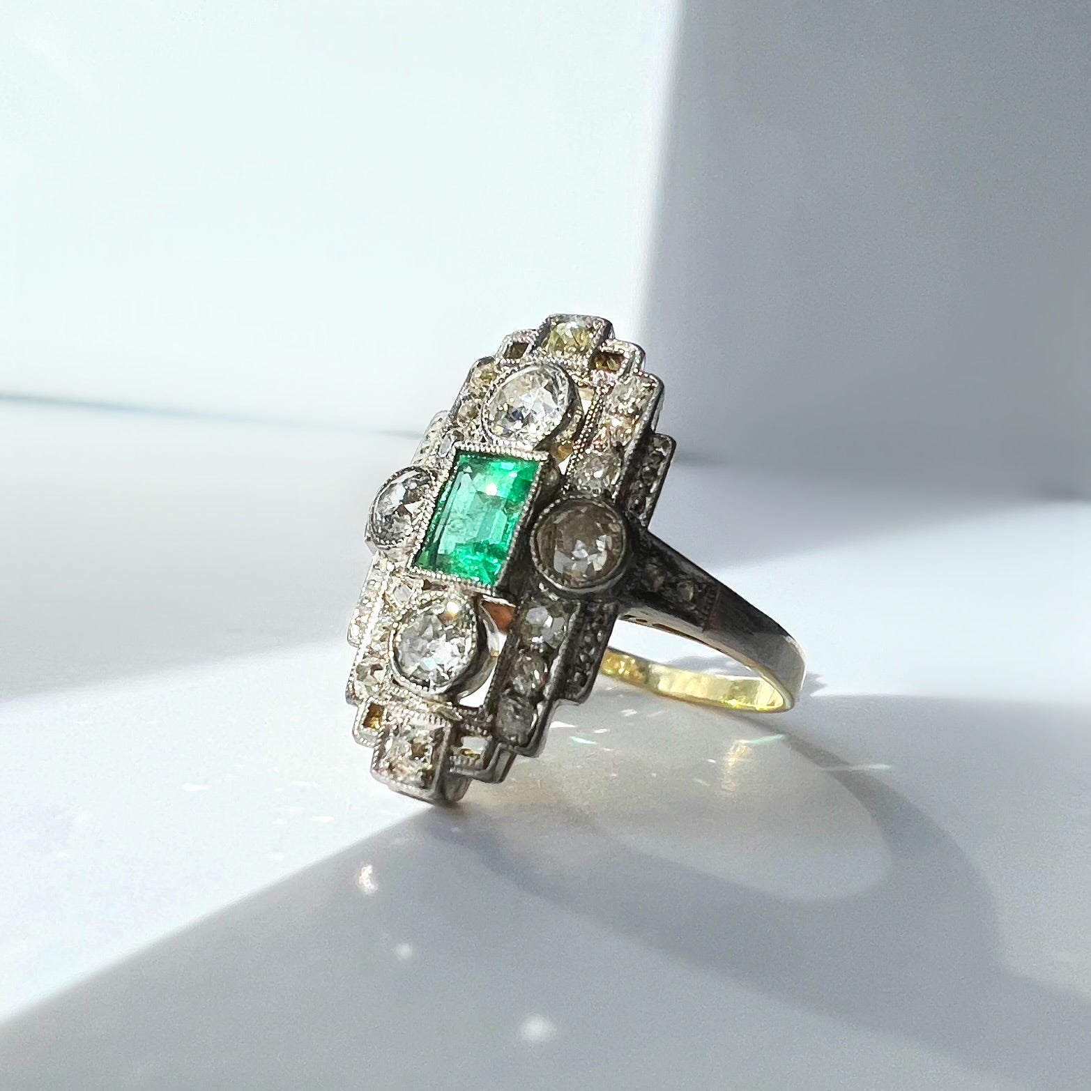Art Deco Emerald and Diamond Panel Ring